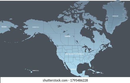 North American Countries Map. 
The Main Boundary Map Of Canada, The United States, Greenland, And Mexico.