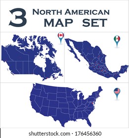 North American country set with map pointers