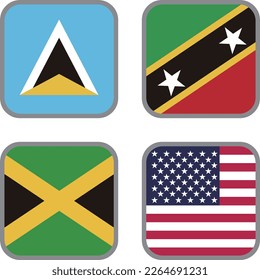 Juego de materiales vectores de iconos de la bandera de América del Norte,Santa Lucía,St kitts y nevis,Jamaica,Estados Unidos de América