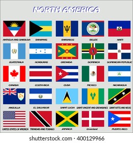 North American flags. Vector illustration. High level of details. Each flag is on separate layer. Isolated on grey