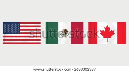 North American Flags Vector Illustration, the national flags of the United States, Mexico, and Canada.