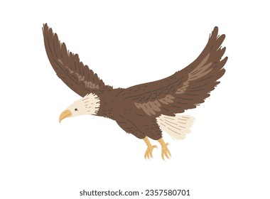 Águila calva voladora norteamericana, ilustración vectorial de caricatura plana aislada en fondo blanco. El águila calva es un símbolo de la fauna y la fauna de América del Norte.