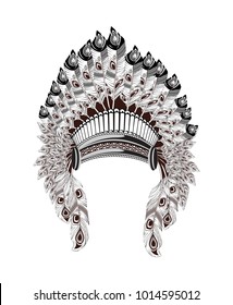 North American Indian headdress. Vector illustration. Native american headdress of feathers and traditional pattern around