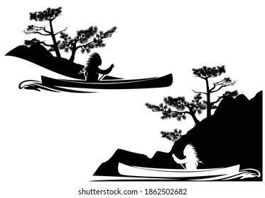 north american indian rowing in traditional boat with river bank silhouette - black and white vector design set for wilderness adventure pursuit