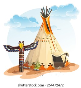 North American Indian wigwam with totem  for video web game user interface