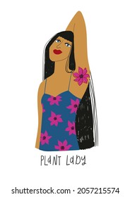 North American Indian woman in floral dress. Plant lady illustration isolated on a white background. Girl power t-shirt design.