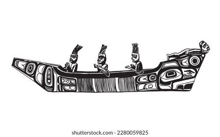 North American indians tribal rowing in canoe boat black vector illustration