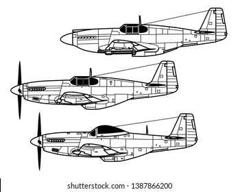 North American P-51 MUSTANG. Outline vector drawing