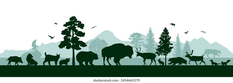 North American panorama with silhouettes of wild animals. Vector illustration.