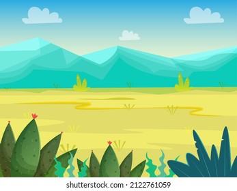North american prairie landscape with mountains and cacti.