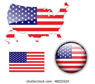 North American USA Flag, Map And Glossy Button, Vector Illustration Set.