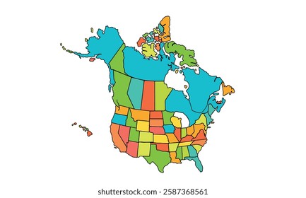 North Americas Map Color Separated by Country. isolated on white background.