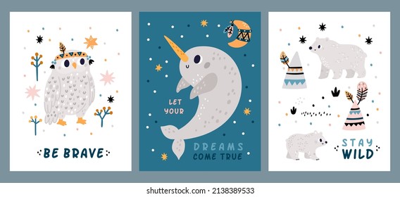 North animals cards. Cartoon arctic fauna. Cute polar bear. Funny white owl and narwhal. Snowie wildlife creature. Ethnic feathers or tents. Vector kids winter