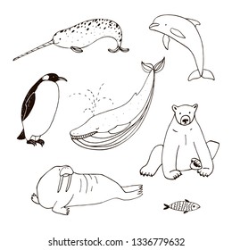 north animals hand drawn animals set