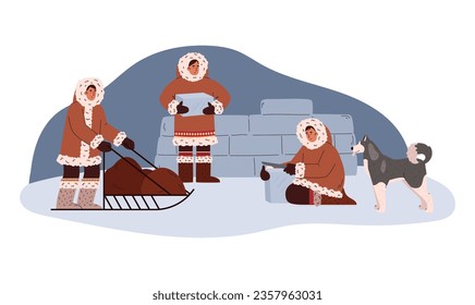 North Arctic people in traditional Eskimos clothing. Build igloo, fluffy Husky dog. Sleigh with sled. Culture and life at the north pole, Antarctica, Siberia, Alaska cartoon vector illustration