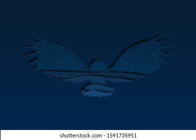 north arctic polar snowy white owl in paper cut craft style with dusk winter landscape background, horizontal stock vector illustration clip art with copy space
