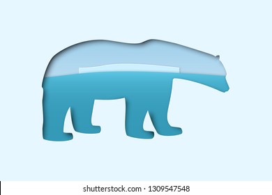north arctic polar white bear in paper cut craft art style with north pole landscape, double exposure mockup, stock vector illustration clip art template