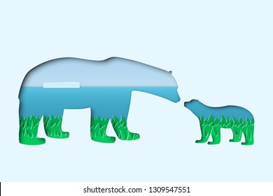 north arctic polar white mother and cub bears in paper cut craft art style with summer north pole landscape, double exposure mockup, stock vector illustration clip art template