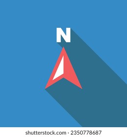 Der Nordpfeil setzt eine flache Ikone mit langem Schatten. Einfache Geografie Symbol Piktogramm Vektorgrafik. Schulfach, Standort, Richtung, Geografie-Konzept. Logo-Design