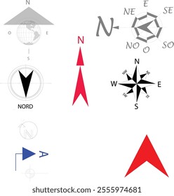 North Arrows Symbol Vector Set featuring a collection of compass icons and compass vectors. This set includes various compass icons, a compass rose sign, and a windrose symbol. The design also feature