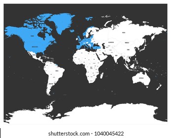 Organización del Tratado del Atlántico del Norte, OTAN, países miembros destacados de azul en el mapa político mundial. 29 estados miembros desde junio de 2017.