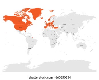 North Atlantic Treaty Organization, NATO, member countries highlighted by orange in world political map. 29 member states since June 2017.