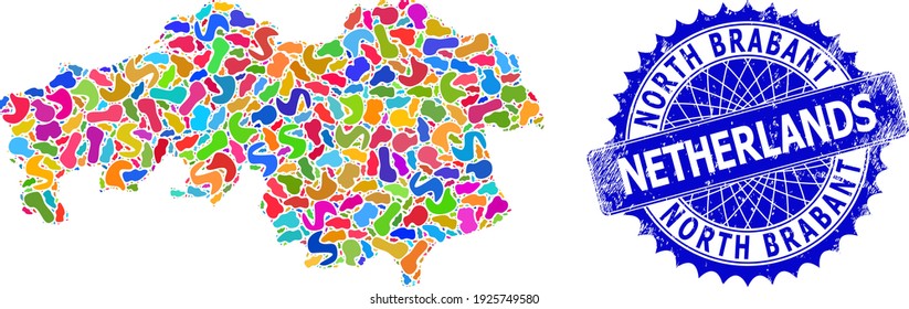 North Brabant Province map template. Blot pattern map and unclean stamp seal for North Brabant Province. Sharp rosette blue stamp seal with caption for North Brabant Province map.
