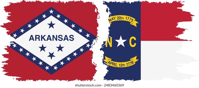 North Carolina and Arkansas states grunge brush flags connection, vector