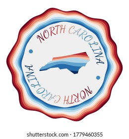 North Carolina badge. Map of the US state with beautiful geometric waves and vibrant red blue frame. Vivid round North Carolina logo. Vector illustration.