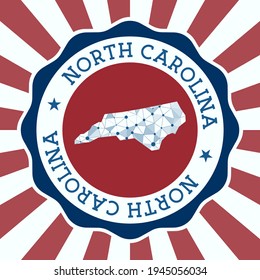 North Carolina Badge. Round logo of us state with triangular mesh map and radial rays. EPS10 Vector.