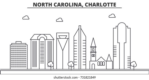 North Carolina, Charlotte architecture line skyline illustration. Linear vector cityscape with famous landmarks, city sights, design icons. Landscape wtih editable strokes