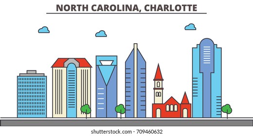 North Carolina, Charlotte.City skyline: architecture, buildings, streets, silhouette, landscape, panorama, landmarks, icons. Editable strokes. Flat design line vector illustration concept.