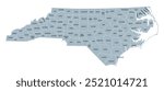 North Carolina counties, gray political map with borders and county names. State in the Southeastern region of United States subdivided into 100 counties. Nicknamed Tar Heel State and Old North State.