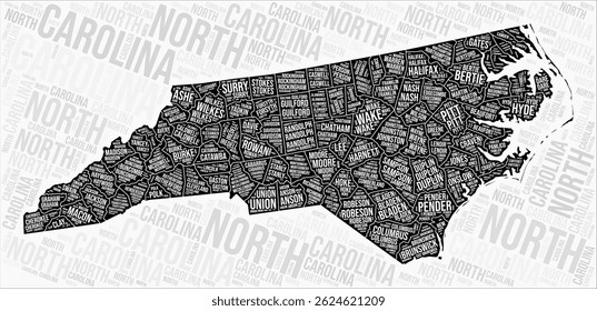 North Carolina counties map word cloud. North Carolina region names. Black and white map design. Elegant vector illustration.