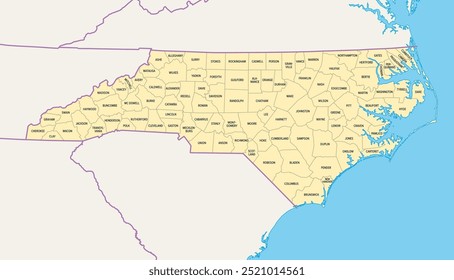 North Carolina Bezirke, politische Karte mit Grenzen Bezirksnamen. Bundesstaat im Südosten der Vereinigten Staaten, unterteilt in 100 Bezirke. Spitzname The Tar Heel State und The Old North State.