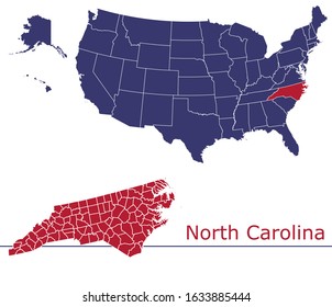 North Carolina counties vector map with USA map colors national flag