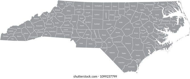 North Carolina county map vector outline gray background. Map of North Carolina state of USA with counties borders and names labeled