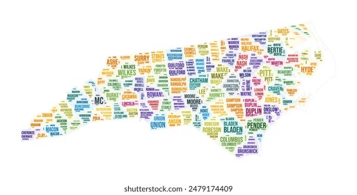 North Carolina county word cloud. State shape design. North Carolina colored illustration. County names collage cloud. Vector illustration.