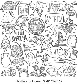 North Carolina Doodle Icons Black and White Line Art. USA State Clipart Hand Drawn Symbol Design.