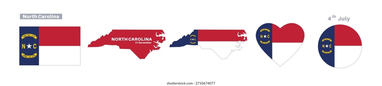 North Carolina Fahne und Kartensatz. North Carolina Staatsflagge in Feier des 21. November	