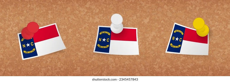 North Carolina flag pinned in cork board, three versions of North Carolina flag. Vector pushpins and flag set.