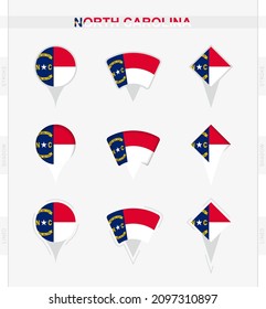 Bandera de Carolina del Norte, conjunto de íconos de alfileres de ubicación de la bandera de Carolina del Norte. Ilustración vectorial de los símbolos nacionales.