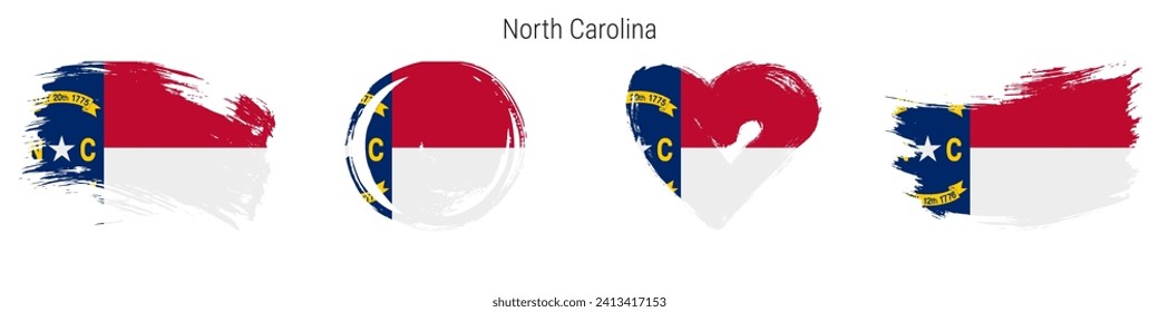 North Carolina hand drawn grunge style flag icon set. US state banner in official colors. Free brush stroke shape, circle and heart-shaped. Flat vector illustration isolated on white.