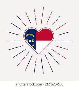 North Carolina heart with flag of the US state. Sunburst around North Carolina heart sign. Vector illustration.