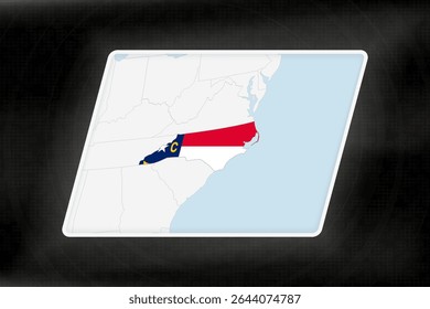 North Carolina Highlighted in Flag Colors on Geographic Map. Modern Map on a dark abstract backdrop.