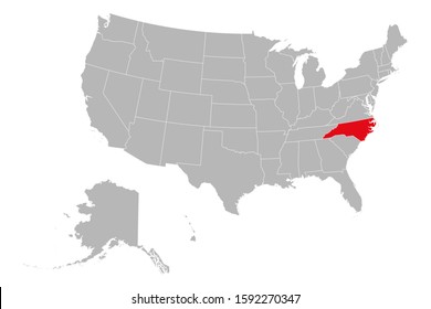 North Carolina Highlighted Red On US Political Map. Gray Background. United States Province.