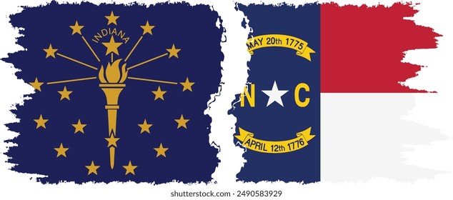 North Carolina and Indiana states grunge brush flags connection, vector