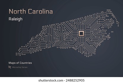 North Carolina Map with a capital of Raleigh Shown in a Microchip Pattern. Silicon valley, E-government. United States vector maps. Microchip Series	