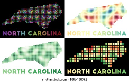 North Carolina map. Collection of maps of North Carolina in dotted style. Borders of the US state filled with rectangles for your design. Vector illustration.