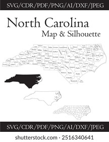 North Carolina map with counties vector silhouette outline North Carolina vector download cut file